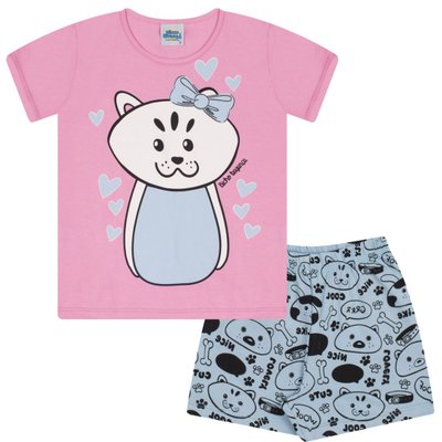 Pijama Infantil Menina Gatinha Brilha no Escuro Rosa