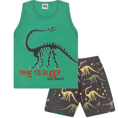 Pijama Infantil Menino Dino Esqueleto Brilha no Escuro Verde
