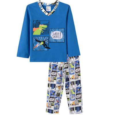 Pijama Infantil Menino Super Saurus Azul Brilha no Escuro