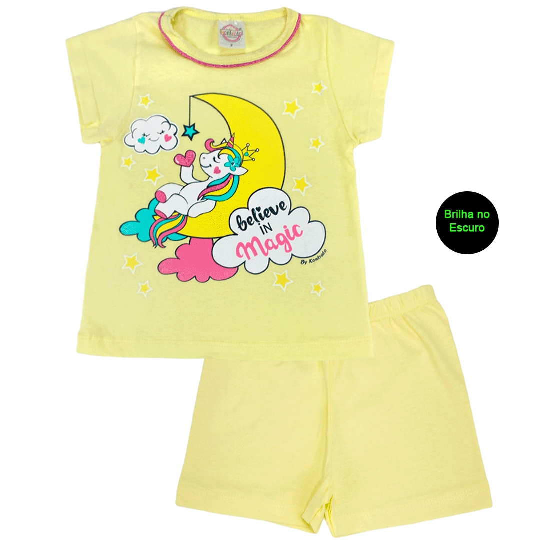 Pijama Kids Menina Unicórnio Amarelo Brilha no Escuro