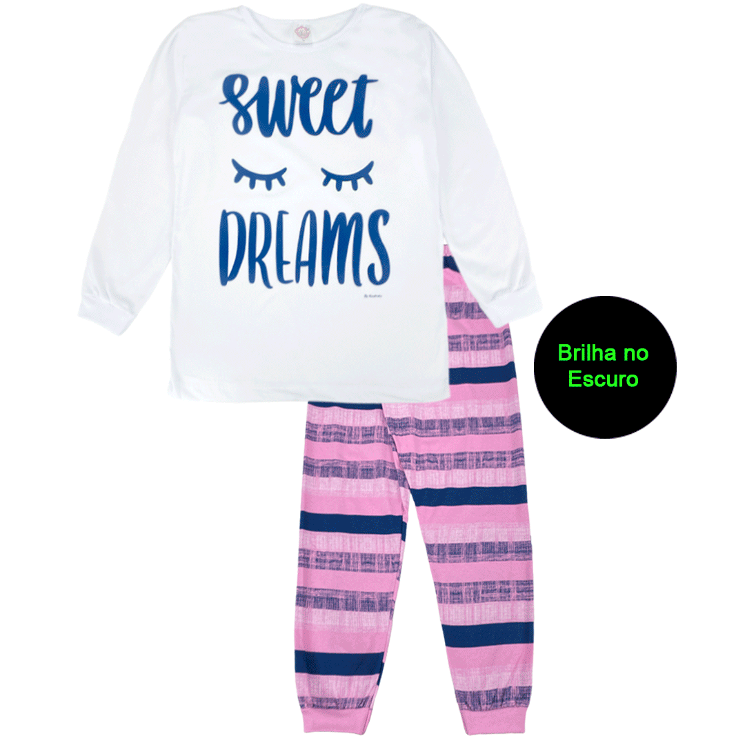 Pijama Juvenil Menina Sweet Dreams Branco Brilha No Escuro
