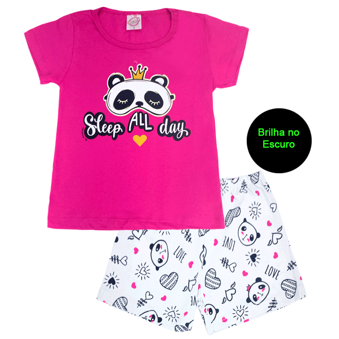 Pijama Infantil Menina Sleep All Day Pandinha Pink Brilha no Escuro