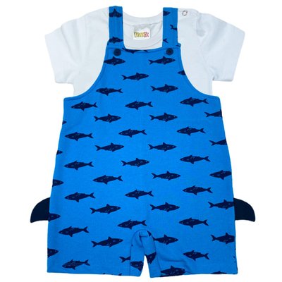 Conjunto Jardineira Bebê Menino Tubarão Azul