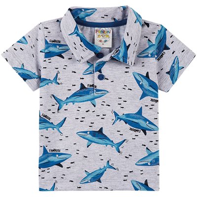 Camiseta Gola Polo Bebê Menino Sharks Mescla e Azul