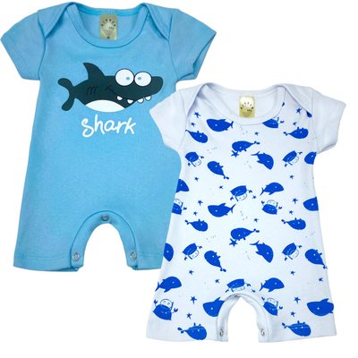 Kit Macacão Bebê Menino Shark Azul e Branco